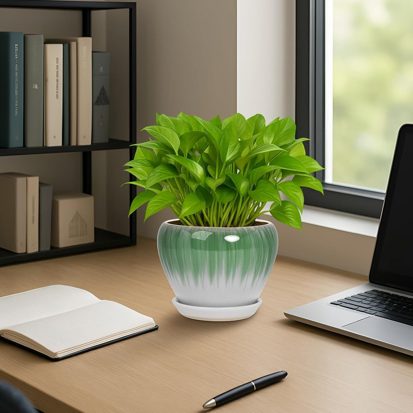 Deep Dream 6 Inch Plant Pots- Ceramic Planter Pot with Drainage Hole and Saucer, Round Flower Pot for Indoor Outdoor Succulent, Snake Plants and Cactus, White&Green