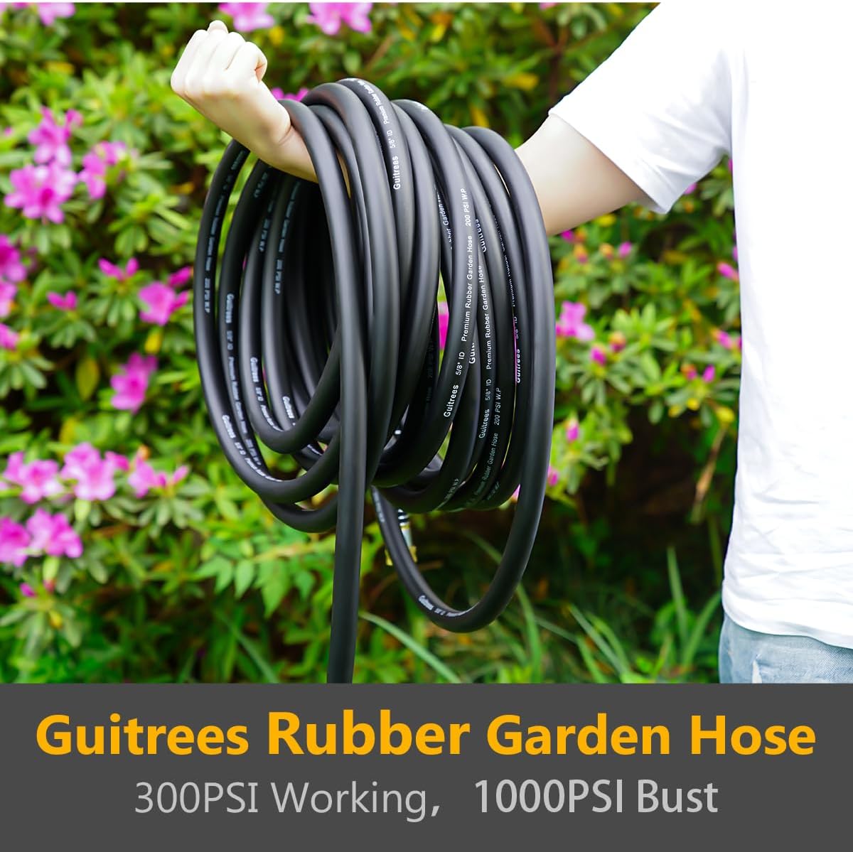 50FT 5/8 Heavy Duty Rubber Garden Hose - 200psi Working, 1000psi Burst - Hot/Cold Water - Five-Layered Braiding for Durability - Versatile for Gardening, Agriculture, Construction(Black)
