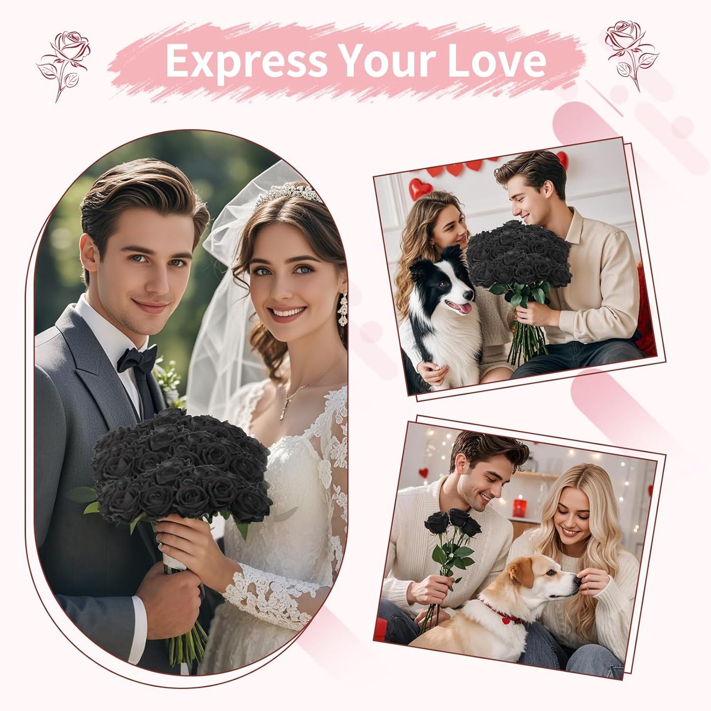 55 PCS Fake Roses Artificial Flowers Bulk, Black Roses Bridal Bouquet Silk Faux Rose with Stems for Wedding Flowers Decoration, Valentine's Day, Bridal Bouquet, Anniversary,Home Decor (55PCS, Black)