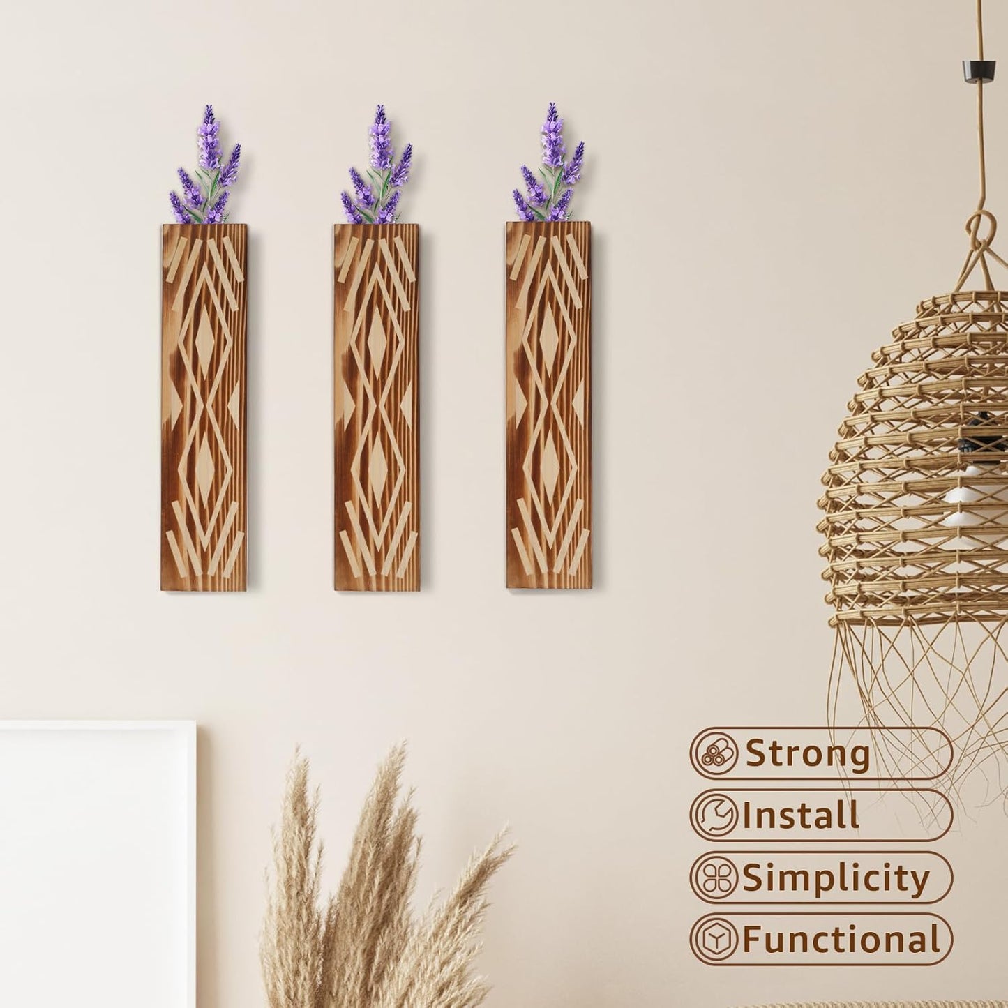 3PCS Wood Wall Planter for Indoor Plants, Wall Planter Vase, Stylish Wood Hanging Vase, Decorative Wood Wall Pocket Vase, Rectangular Hanging Planter for Living Room Bedroom Office(Brown)