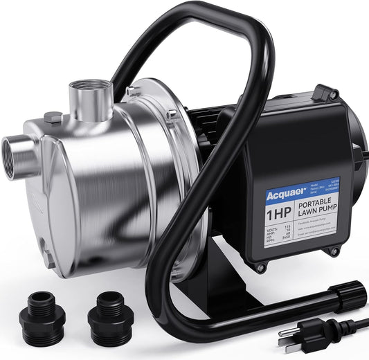 Acquaer 1 HP Portable Shallow Well Garden Pump, Stainless Steel, 998 GPH, 115V Sprinkler Water Transfer Draining Irrigation Pump for Water Removal/Lawn Garden