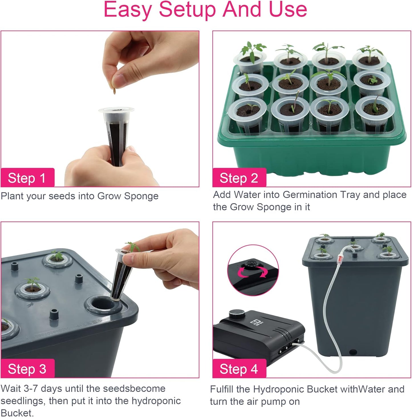 4 Hydroponic Buckets Kit for Plants, Hydroponics Growing System for Herbs/Tomato/Vegetables, DWC System with Air Pump & Germination Tray (Complete Indoor Hydroponic Gardening Supplies)