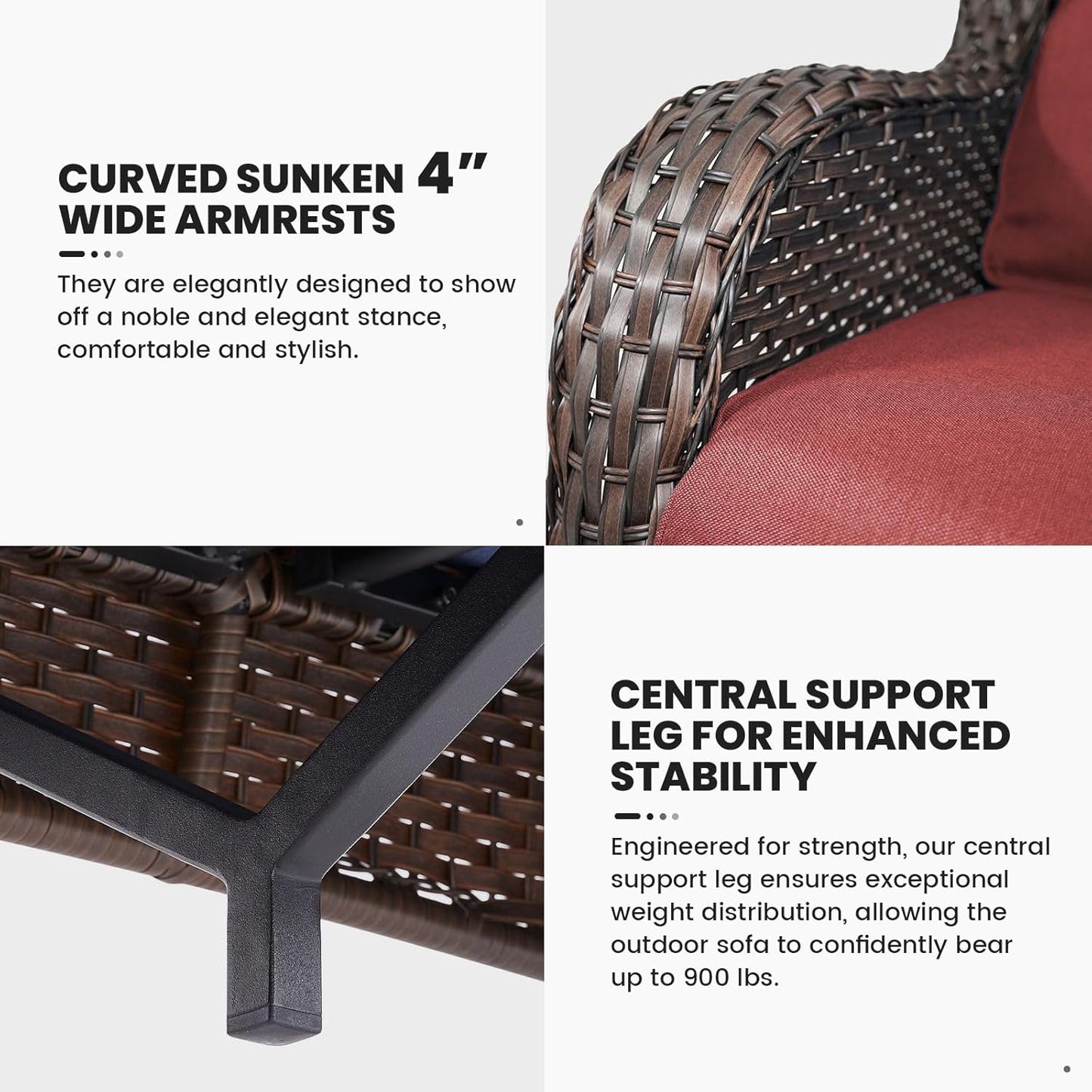 75Inch Outdoor Wicker Sofa - Standard 3 Seater with High Backrest, All Weather Rattan Patio Furniture for Balcony, Deck, Backyard, Brown Wicker/Red Cushion