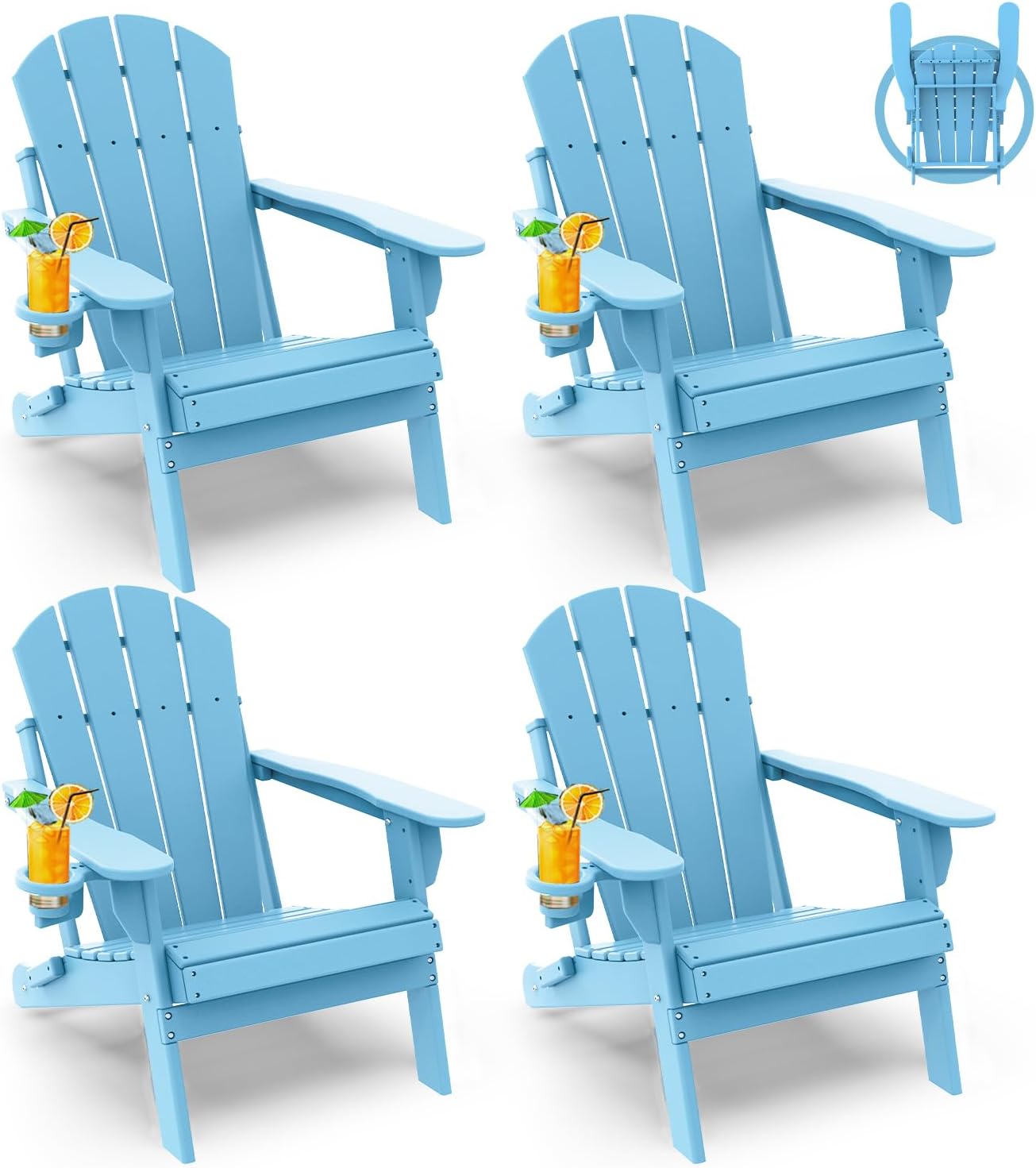GREENVINES Folding-Adirondack-Chairs-Set-of-4 | HDPE Plastic | Fire Pit Chair | All Weather | Cup Holder | Arctic | for Deck Backyard Patio Outdoor Garden