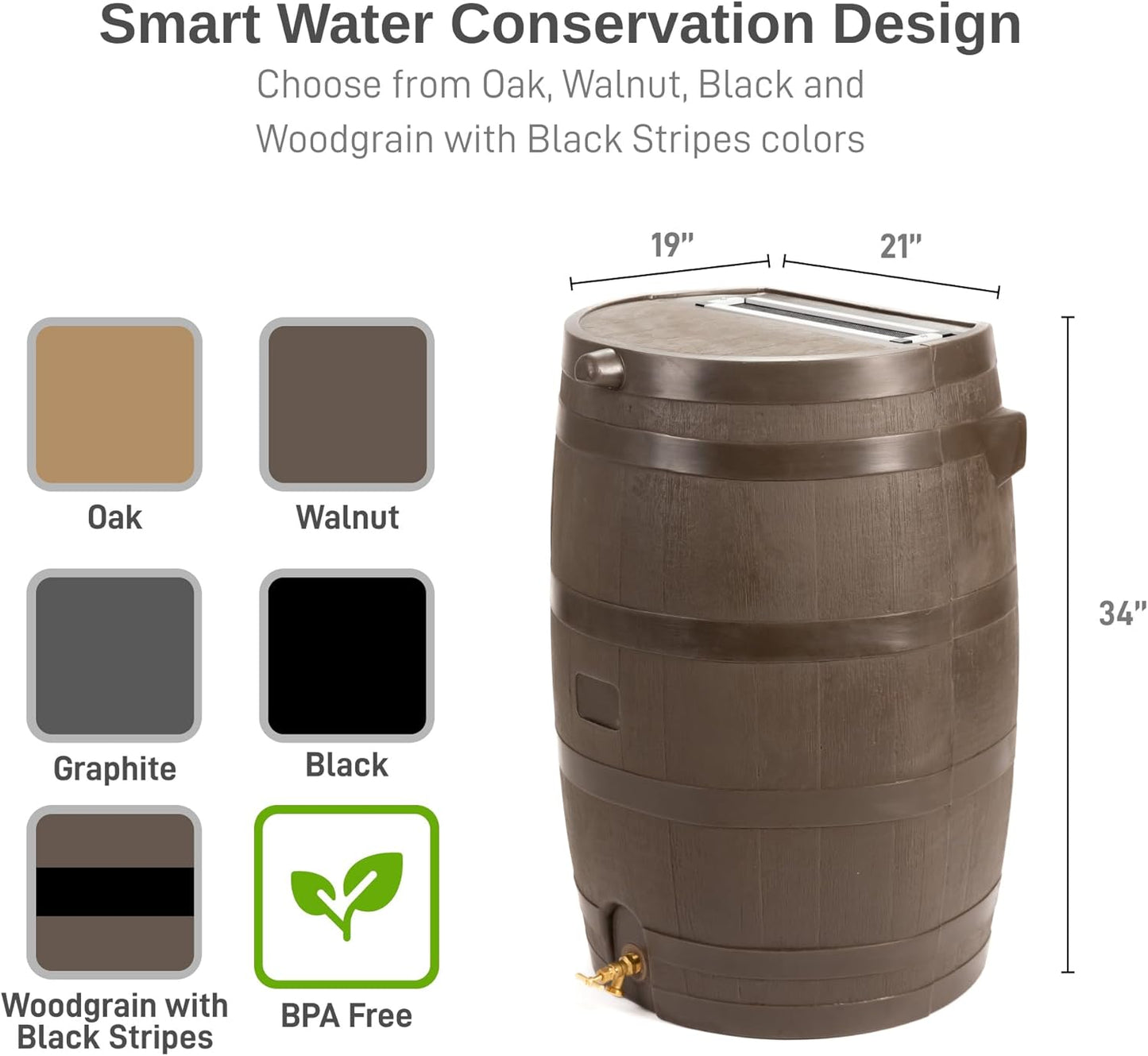 50-Gallon Rain Barrel with Brass Spigot, Flat Back Rain Water Collection Barrel, Walnut Color