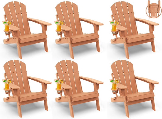 GREENVINES Folding-Adirondack-Chairs-Set-of-6 | HDPE Plastic | Fire Pit Chair | All Weather | Cup Holder | Teak | for Deck Backyard Patio Outdoor Garden
