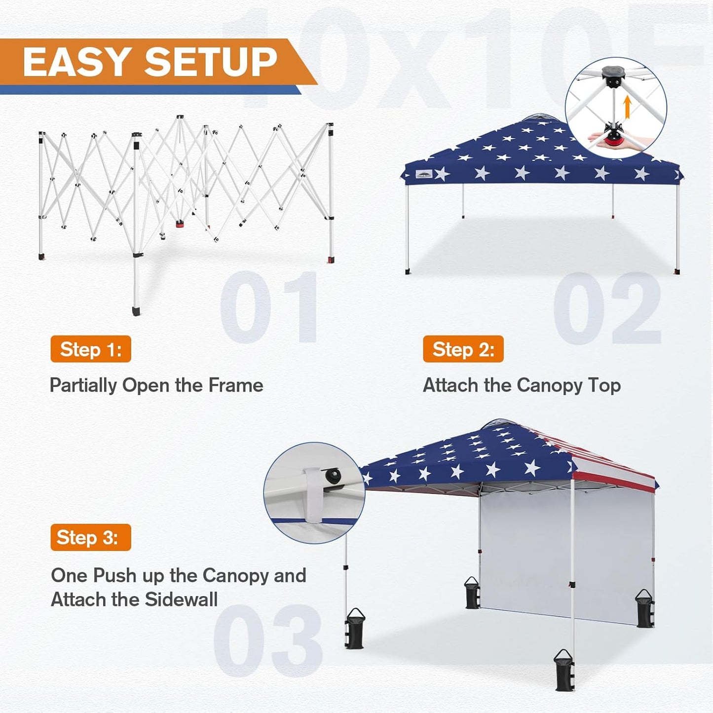 EAGLE PEAK Pop Up Canopy Tent with 1 Sidewall, Easy Setup Event Tent, Outdoor Sun Shade, Wheeled Carry Bag, Stakes and Guy Ropes, Instant Canopy 10x10, American Flag