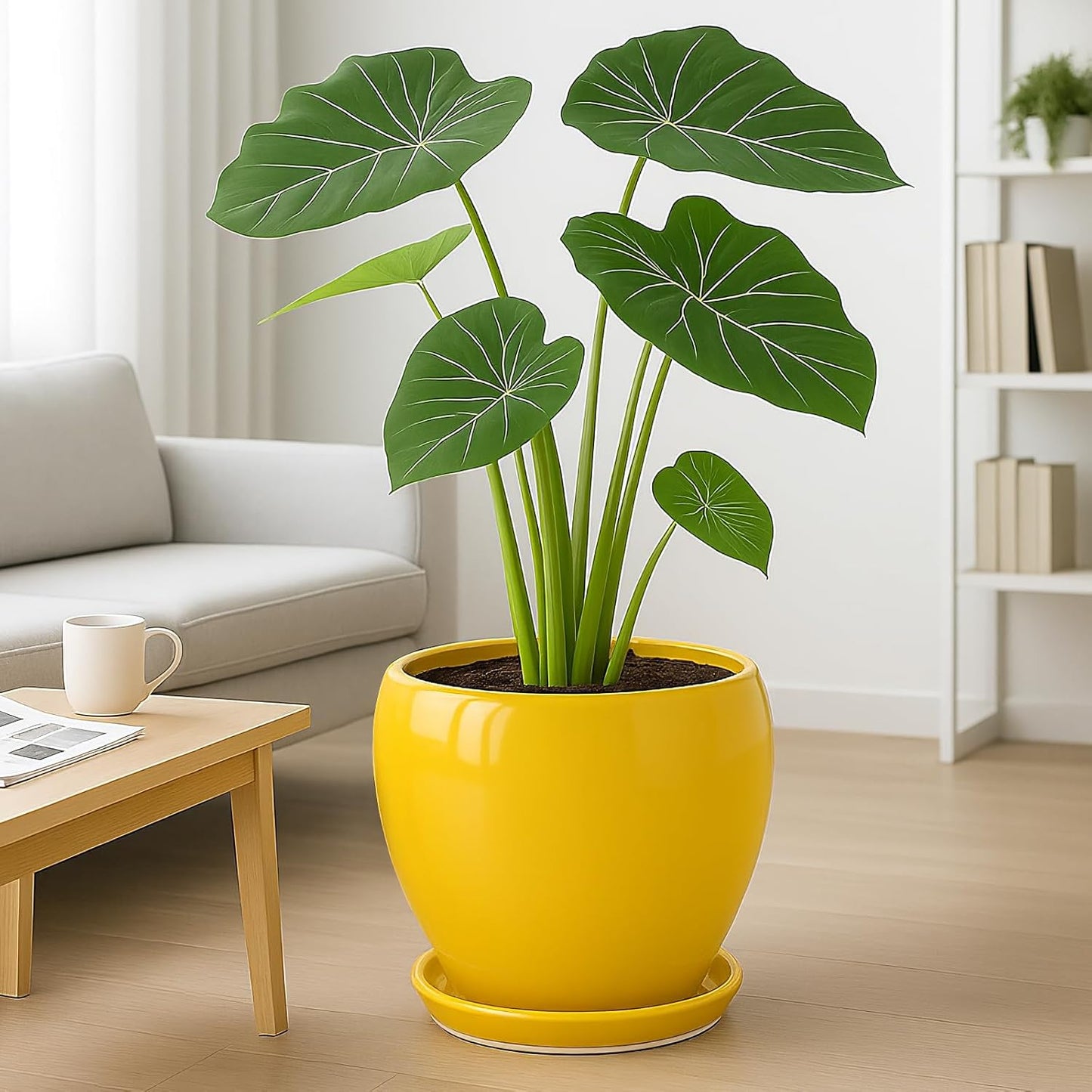 Deep Dream 10 Inch Plant Pot- Ceramic Planter Pot Round Plant Pots for Indoor Plants Outdoor Large Flower Pot with Drainage Holes & Trays, Yellow