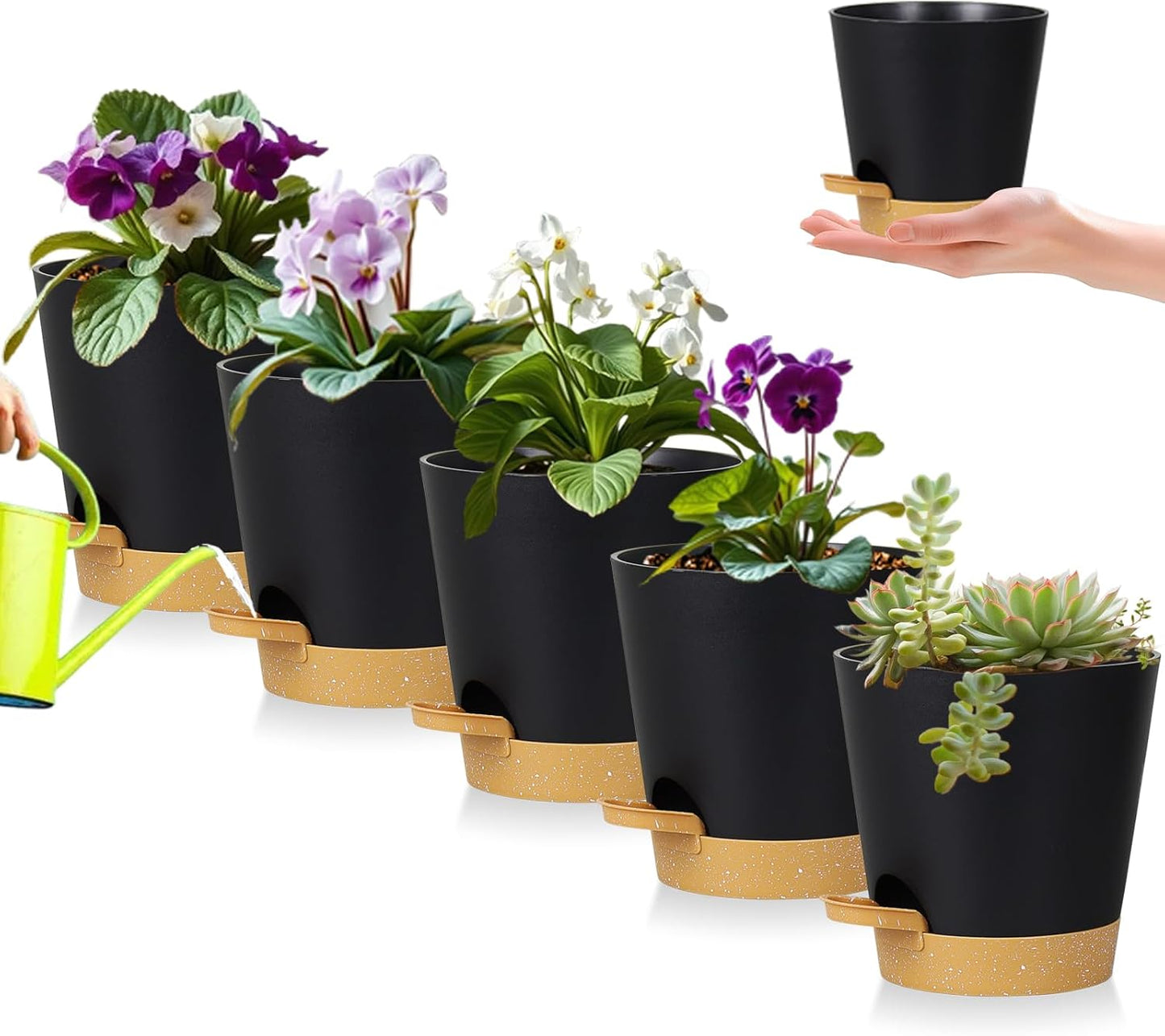 5 Pack 5 inch Self-Watering Pots, African Violets Planter with Drainage Holes and Reservoir, Black Brown Plastic Planter for Indoor Outdoor Plants Flowers and Houseplants black brown, 5 inch 5 pcs