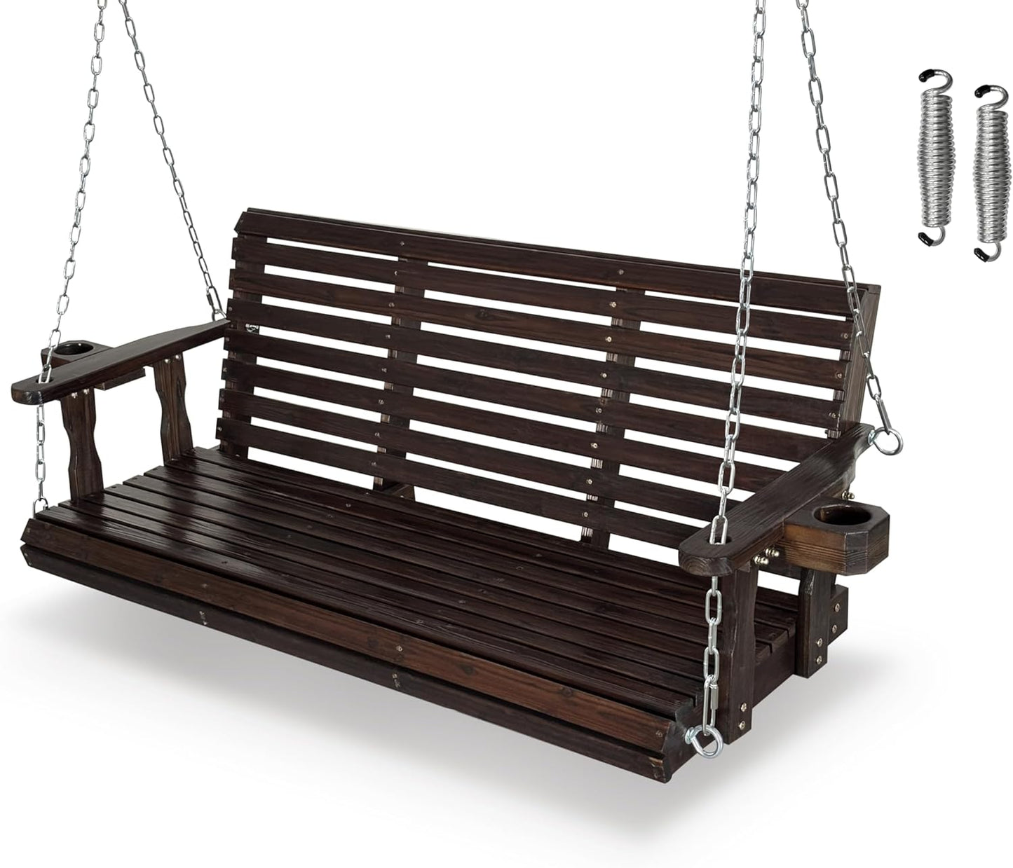 Fortune Candy Wooden Porch Swing 3-Seater, High Backrest and Deep Seat, Bench Swing with Cupholders, Hanging Chains and 7mm Springs, Heavy Duty 880 LBS (Deep Brown, 5 FT Extra Large)