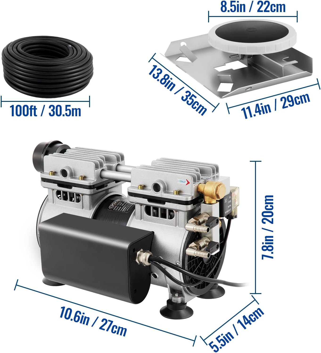 Pond Aeration System, Pond Aerator 3/4HP Oil-Free Rocking Piston Air Compressor 2 Diffusers Two 100ft Weighted Hoses for 3 Acres Deep Water Outdoor Large Lake & Pond Pumps 5.6 CFM Air