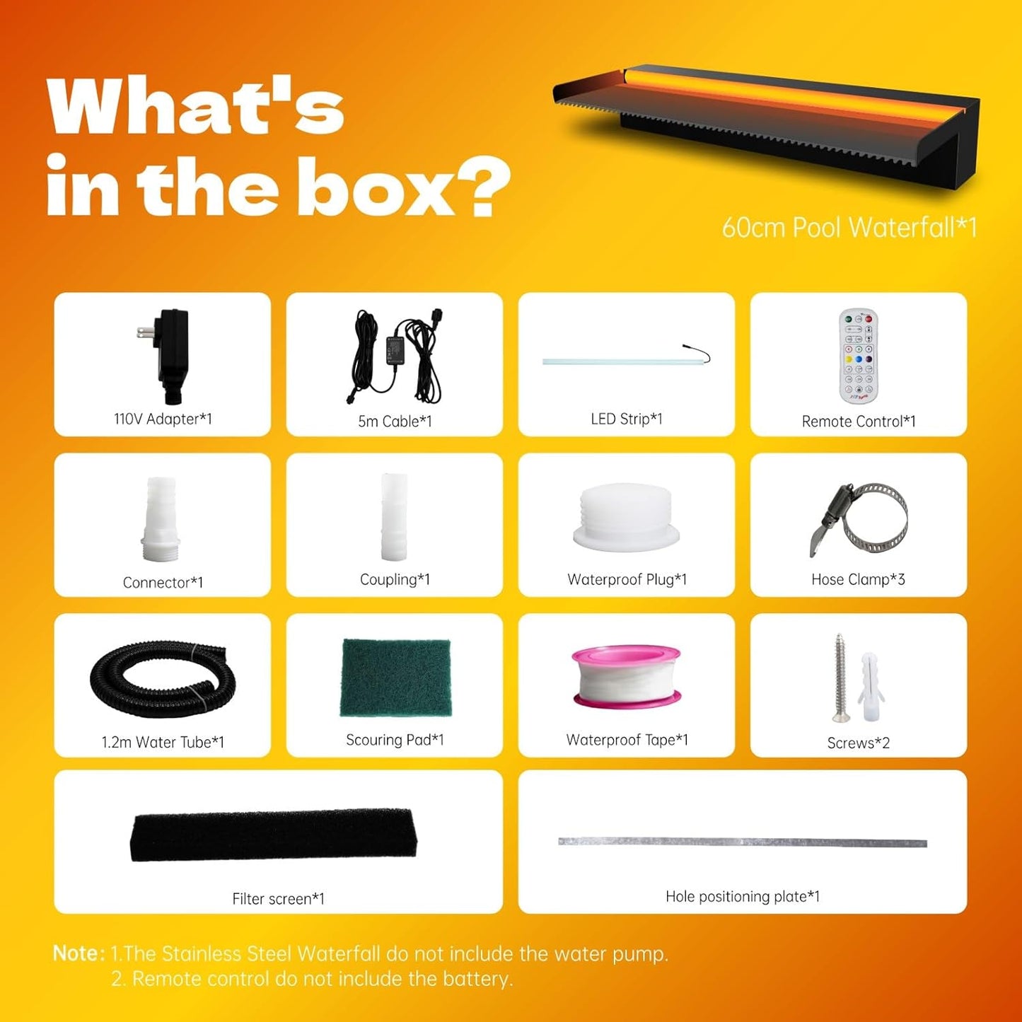 Pool Waterfall Spillway Stainless Steel Pond Fountain, APP Control Colorful LED Lighted Outdoor Black Fountains, Water Flow Spillways Kit for Koi Pond, Swimming Pool, Garden-23.6"x7.8"x3.9"