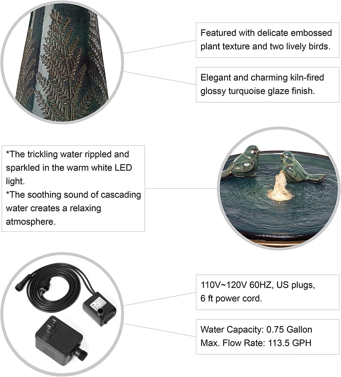 Glitzhome 27.5" H Outdoor Garden Water Fountain with LED Light and Pump, Turquoise Two Birds Embossed Pattern Pedestal Ceramic Floor-Standing Water Fountain for Yard Floor Patio Backyard