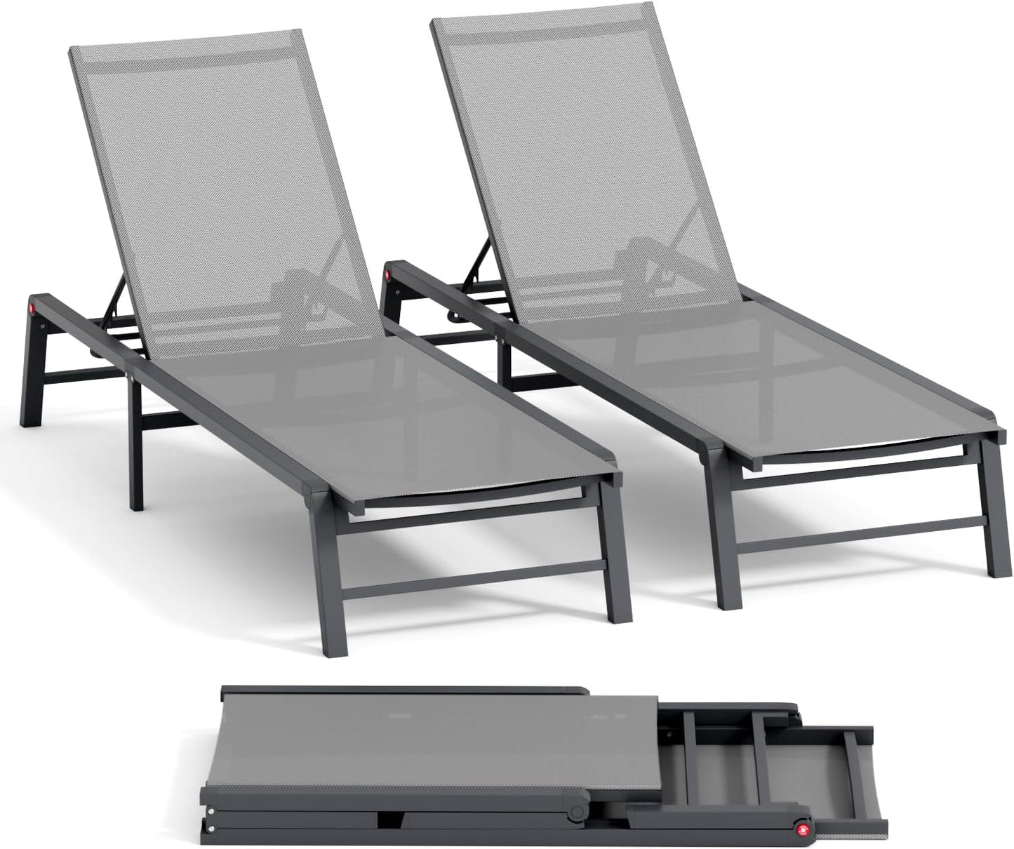 Aluminum Chaise Lounge Chair Outdoor, Foldable Patio Lounge Chair 2 Sets Assemble-Free, Pool Lounge Chairs with 5 Adjustable Backrest, Outdoor Lounge Chairs for Outside Poolside Beach Lawn Grey