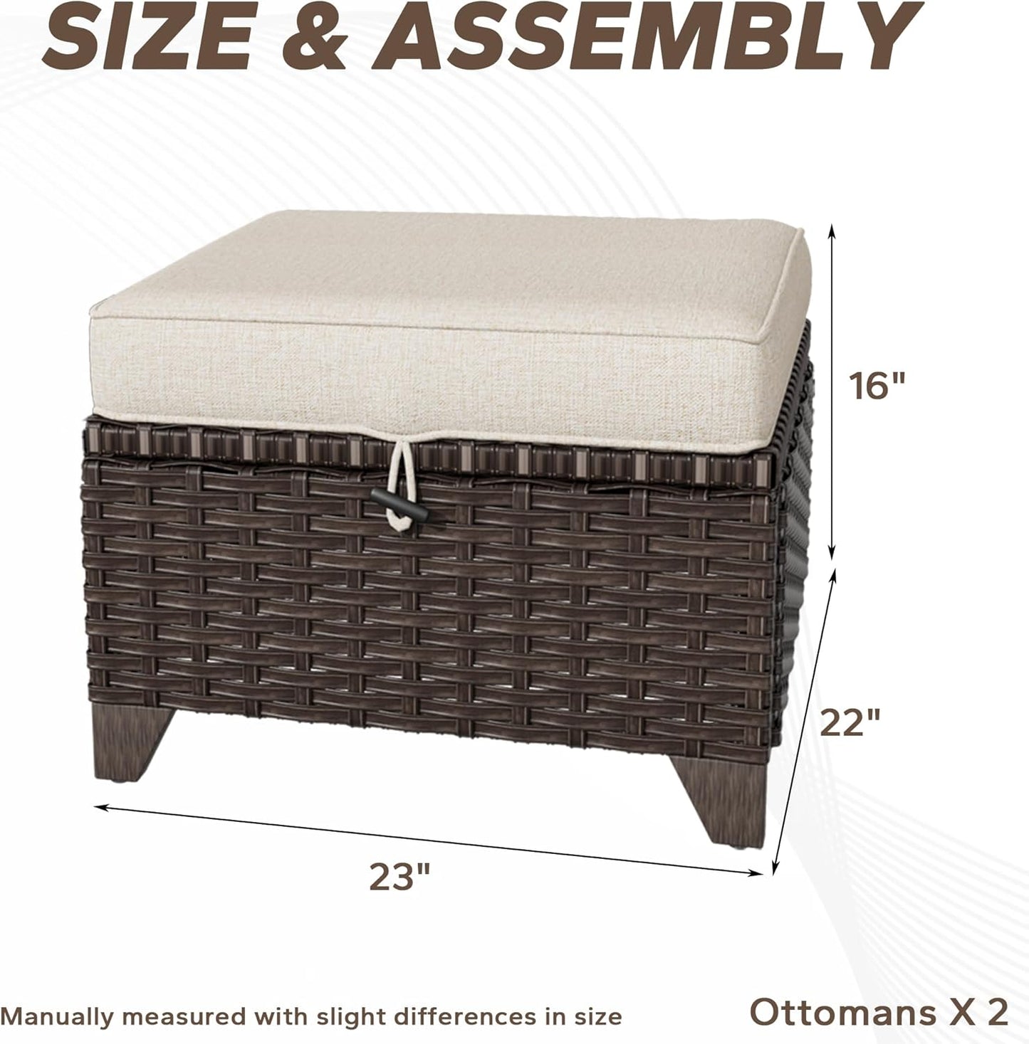 2 Pieces Patio All-Weather Wicker Ottomans with Cushions, PE Rattan Outdoor Conversation Furniture Set for Backyard, Deck, Lawn (Beige)