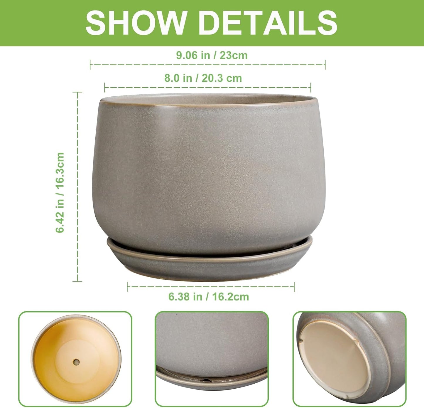 G EPGardening Ceramic Planter 9 Inch - Round Modern Plant Pots with Drainage and Plant Saucer Indoor Outdoor for Flower, Vanity Decor, House Gifts, Retro Grey