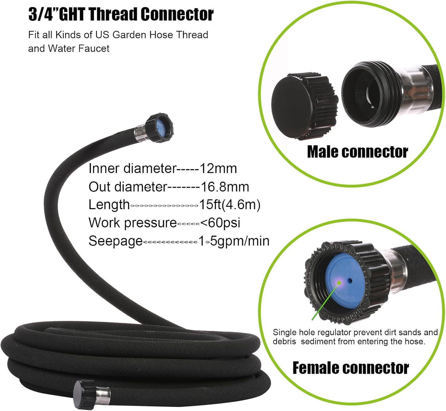 4 Pcs AMRITA Soaker Hose Kit 1/2 inch 15ft.Round Rubber Soaker Hose for Garden,Save water up to 70%,Great for Garden Beds,Trees,Vegetables,Flowers and Seedinds.(1/2-15ftx4)