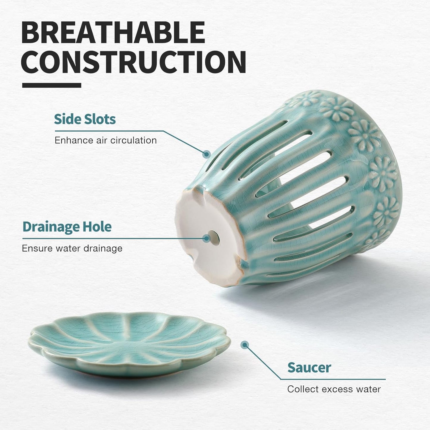 5" Ceramic Orchid Pot with Holes | Crackle Glazed Pot with Drainage and Separate Saucer | Ideal Plant Pot for Repotting Orchids and Other Flowers (Blue)