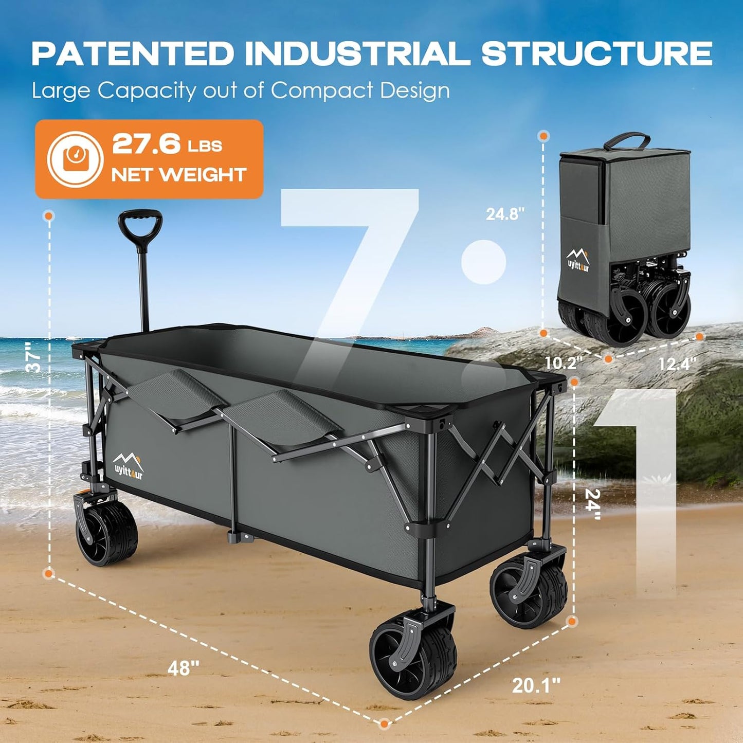 300L Extra Large Collapsible Foldable Wagon, 440lbs Load Capacity 48''L Extended Heavy Duty Folding Beach Wagon with Big All-Terrain Wheels, Utility Garden Cart for Outdoor Activities, Gray
