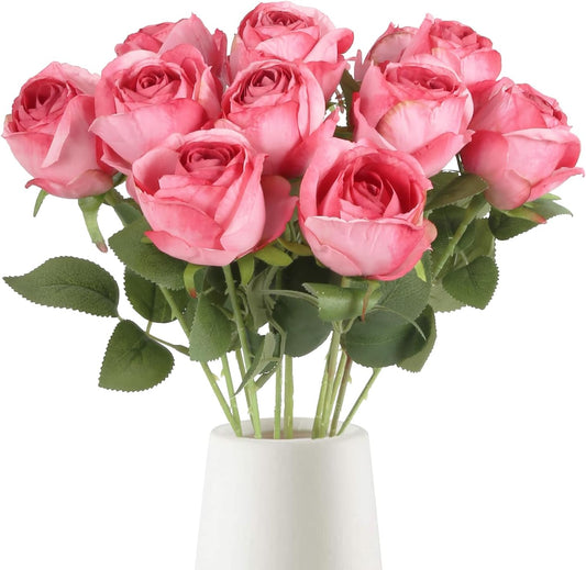 12 pcs Hot Pink Roses Artificial Flowers Vintage Burnt Edge Rose 20" Realistic Silk Roses Bouquet with Long Stem for Wedding Party Floral Centerpieces Decoration (Hot Pink)