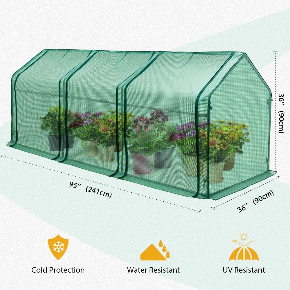 EAGLE PEAK Tunnel Greenhouse Garden Green House with Roll-Up Zipper Doors, Portable 96"x36"x36", Clear/Green PE Cover