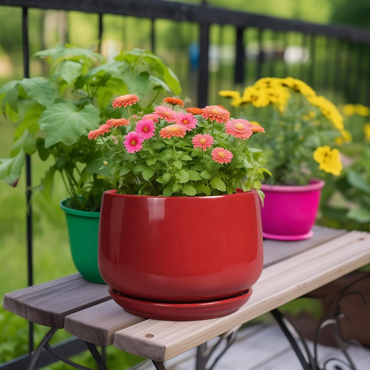 G EPGardening Ceramic Plant Pots - 9 Inch Flower pots for Indoor Outdoor Plant, Round Planter with Drainage and Saucer, Modern Home Decor, Gift for Women Men, Red