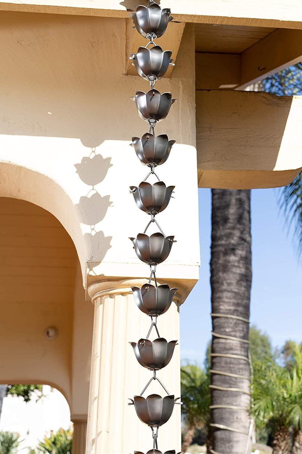 Monarch Rain Chains Aluminum Large Lotus Rain Chain, 8.5 ft Pewter Powder Coated Aluminum Decorative Rain Catcher Chain for Gutters, Pewter Aluminum Rain Gutter Replacement Downspout