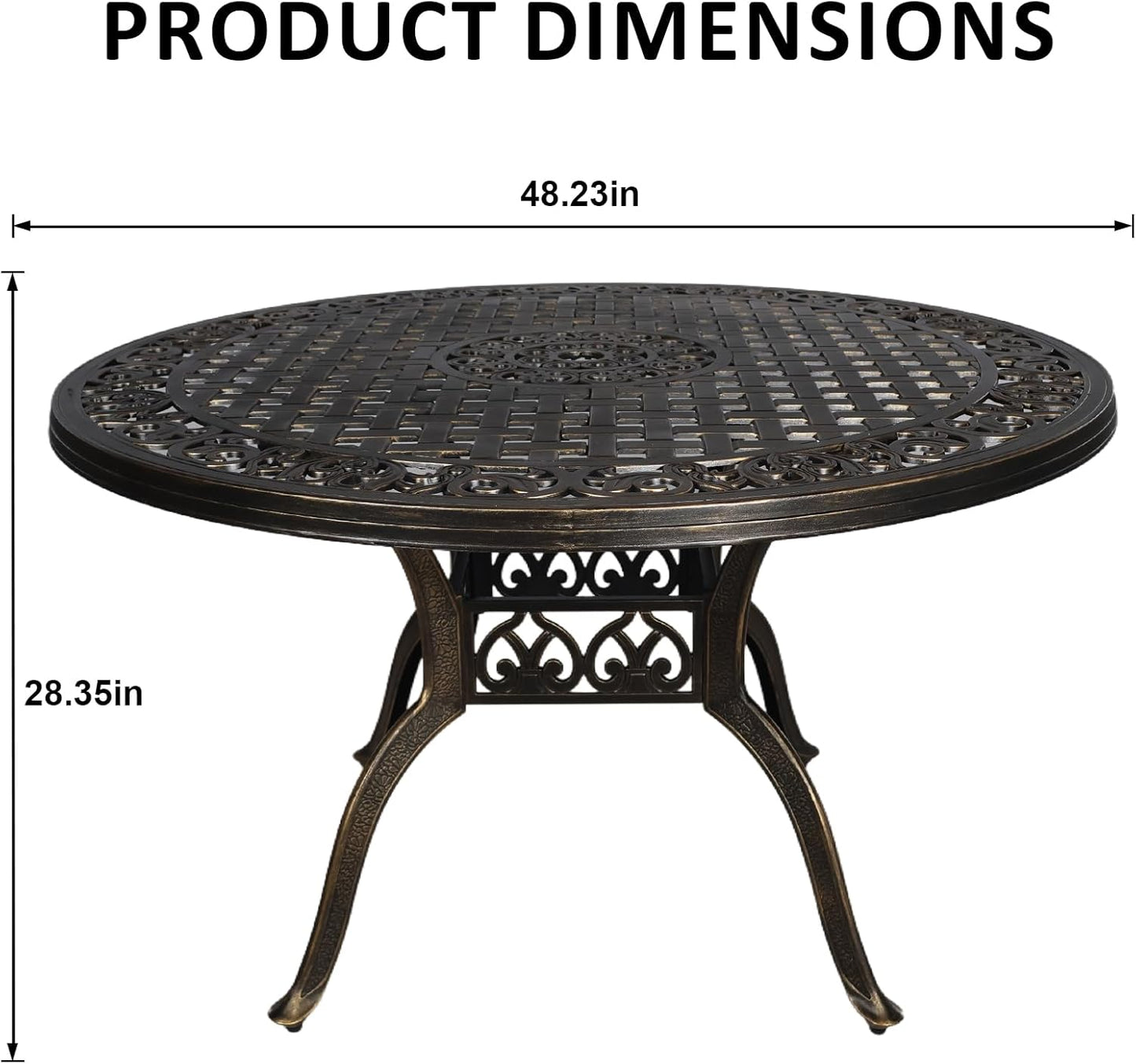 48 Inch Outdoor Dining Table Round Patio Table Powder-Coated Cast Aluminum Frame for Garden with Umbrella Hole (Bronze)
