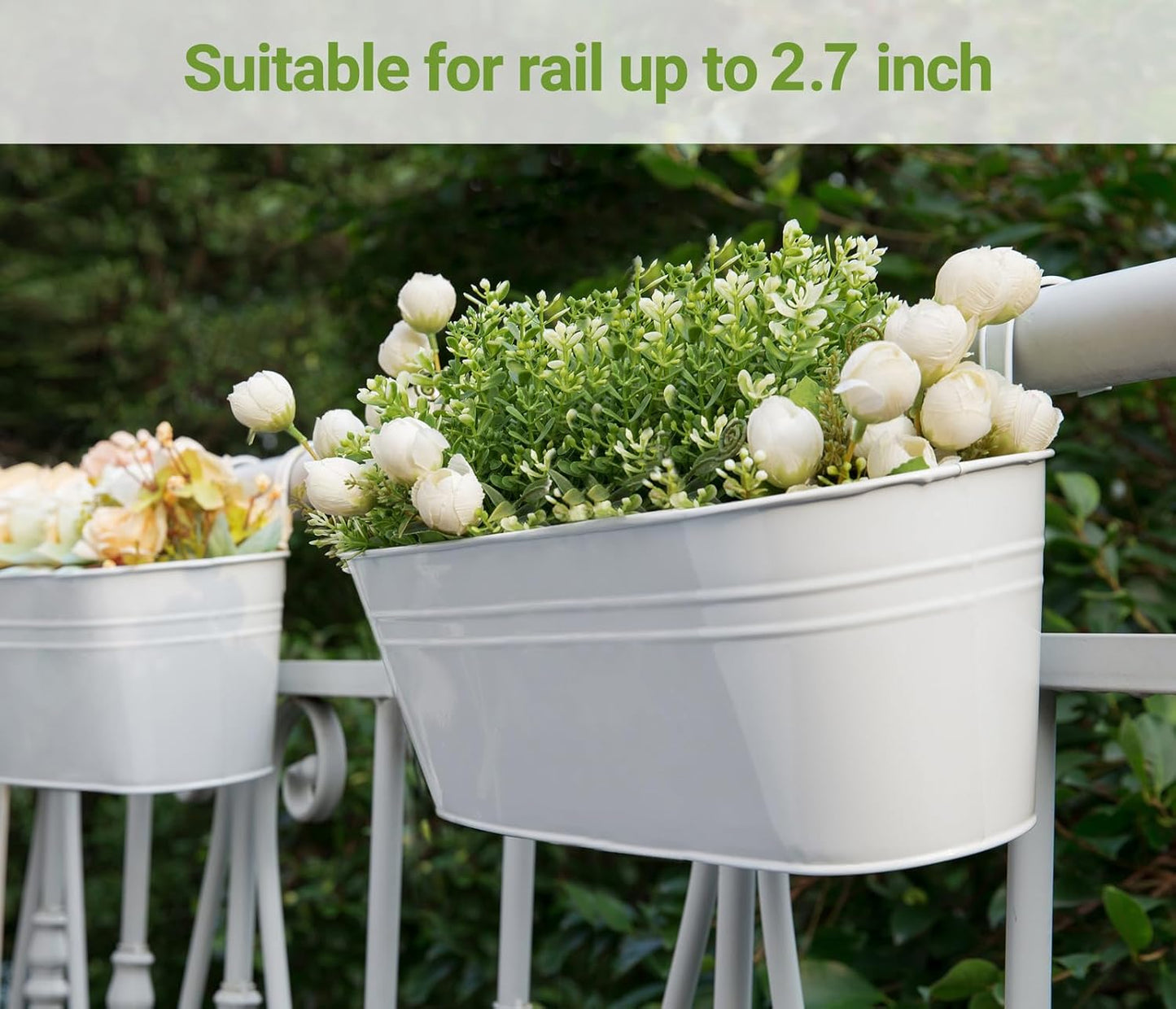 Dahey 5 Pcs Metal Iron Hanging Flower Pots for Railing Fence 15.7 Inch Hanging Bucket Pots Countryside Style Window Flower Plant Holder with Detachable Hooks for Garden Yard Home Decor, White