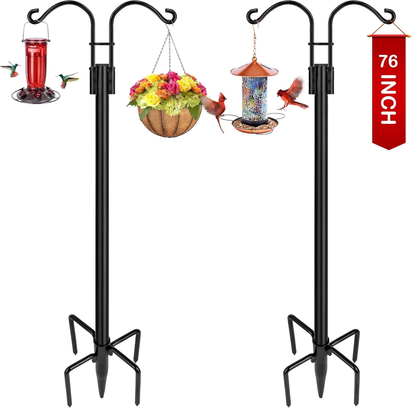 XDW-GIFTS Double Shepherds Hooks for Outdoor, 2-Pack Heavy Duty Garden Pole for Hanging Bird Feeder, Plant Baskets, Solar Light Lanterns, Garden Plant Hanger Stands with 5 Base Prongs