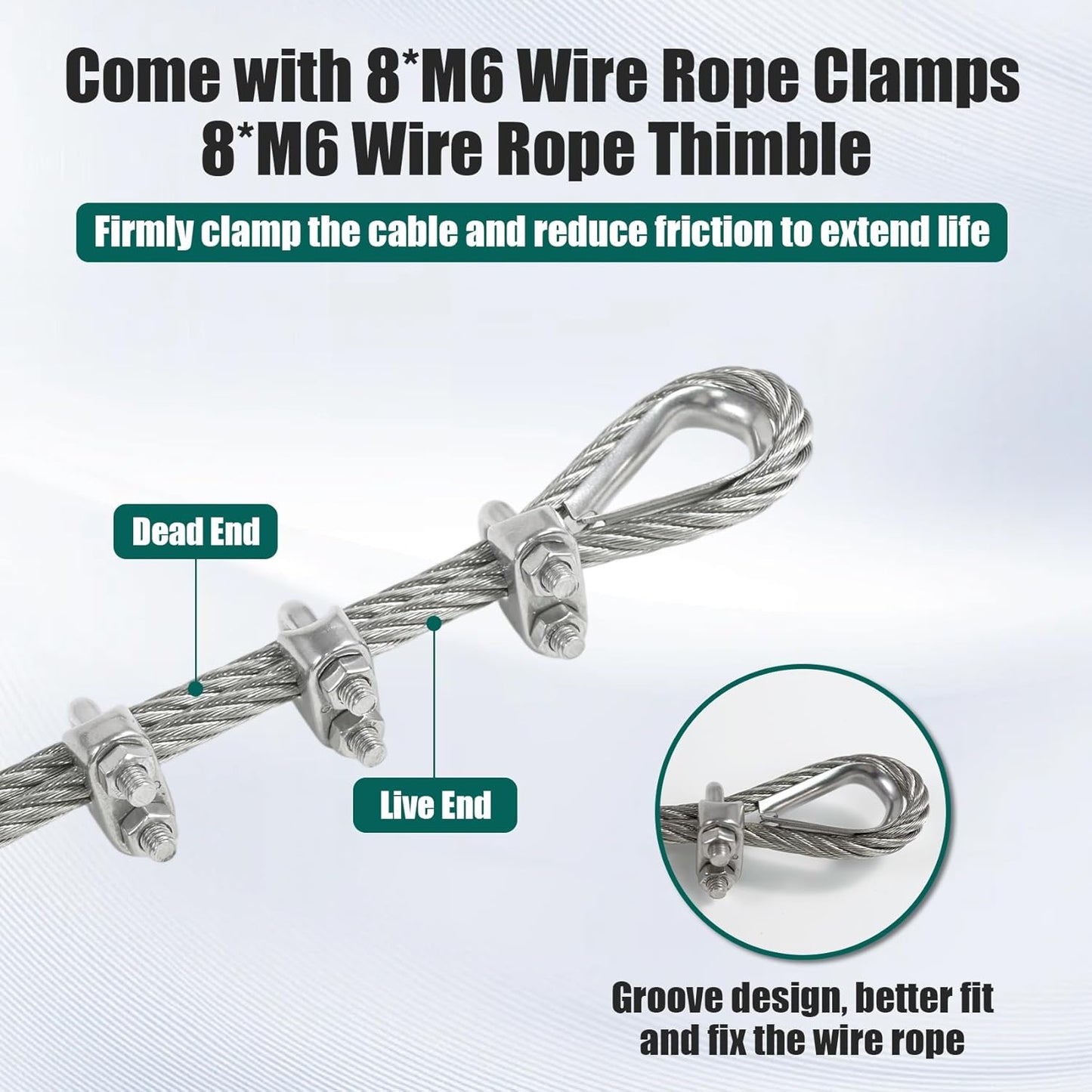 1/4" Stainless Steel Cable 75FT Wire Rope with Clamps and Thimble, 7X19 Strands Aircraft Cable for Zipline, Outdoor, Deck Railing, Heavy Duty Applications, Hanging, 6400lbs Breaking Strength