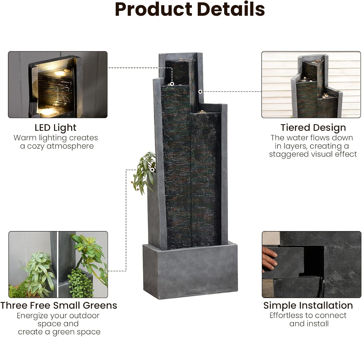 49.6" H Modern Water Outdoor Fountain,Garden Cascading Indoor Resin Water Fountains Tall Floor - Standing Fountain with LED Light for Patio, Yard, Deck and Home Decor