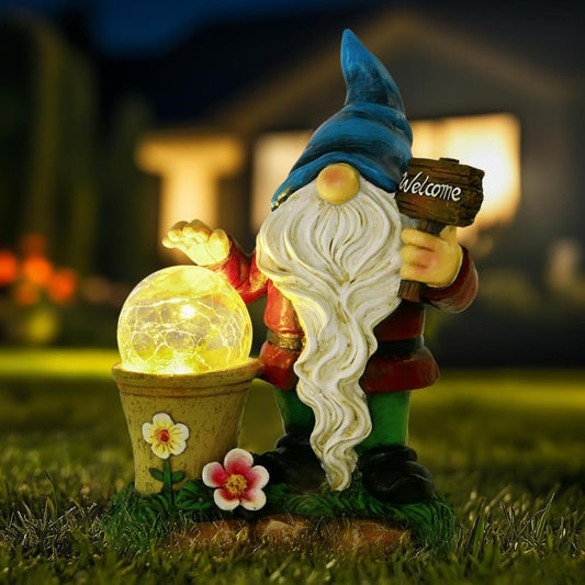 DiliComing Solar Garden Gnomes Outdoor Statues - Cute Gnome Statue with Welcome for Yard Patio Porch Lawn, Resin Gnome Figurine with Solar Light for Thanksgiving and Christmas