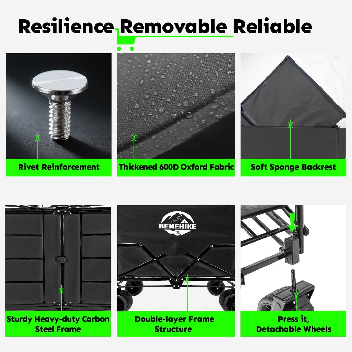 3-in-1 Large Collapsible Folding Wagon, BENEHIKE Foldable Beach Wagon with Rotated Wheels, 500lbs/225L Outdoor Utility Wagon Convert to Bench for Sand, Groceries, Camping, Sports, Shopping (Black)