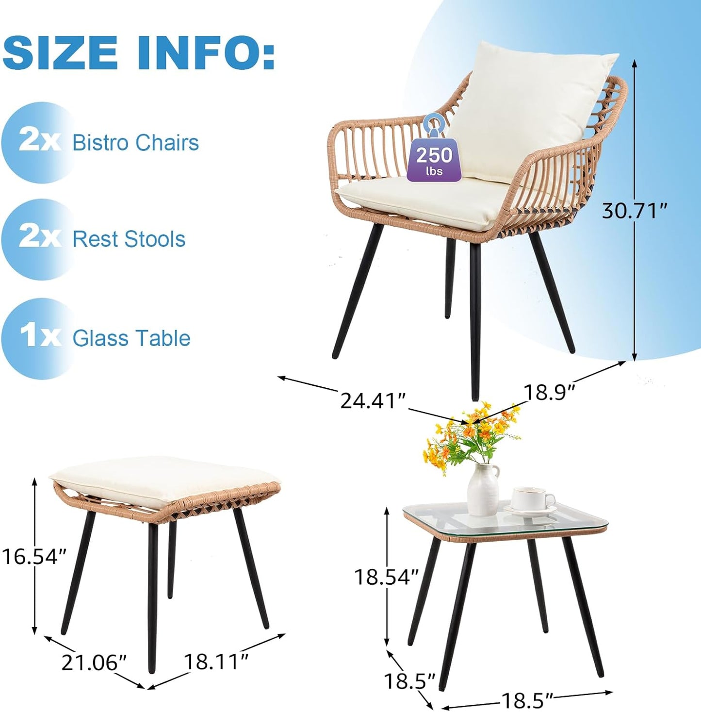 5 Pieces Patio Bistro Set, Outdoor Patio Table and Chairs with Footrest, Waterproof Small Patio Conversation Set, Outdoor Chair with Ottoman for Porch, Backyard, Deck, Balcony