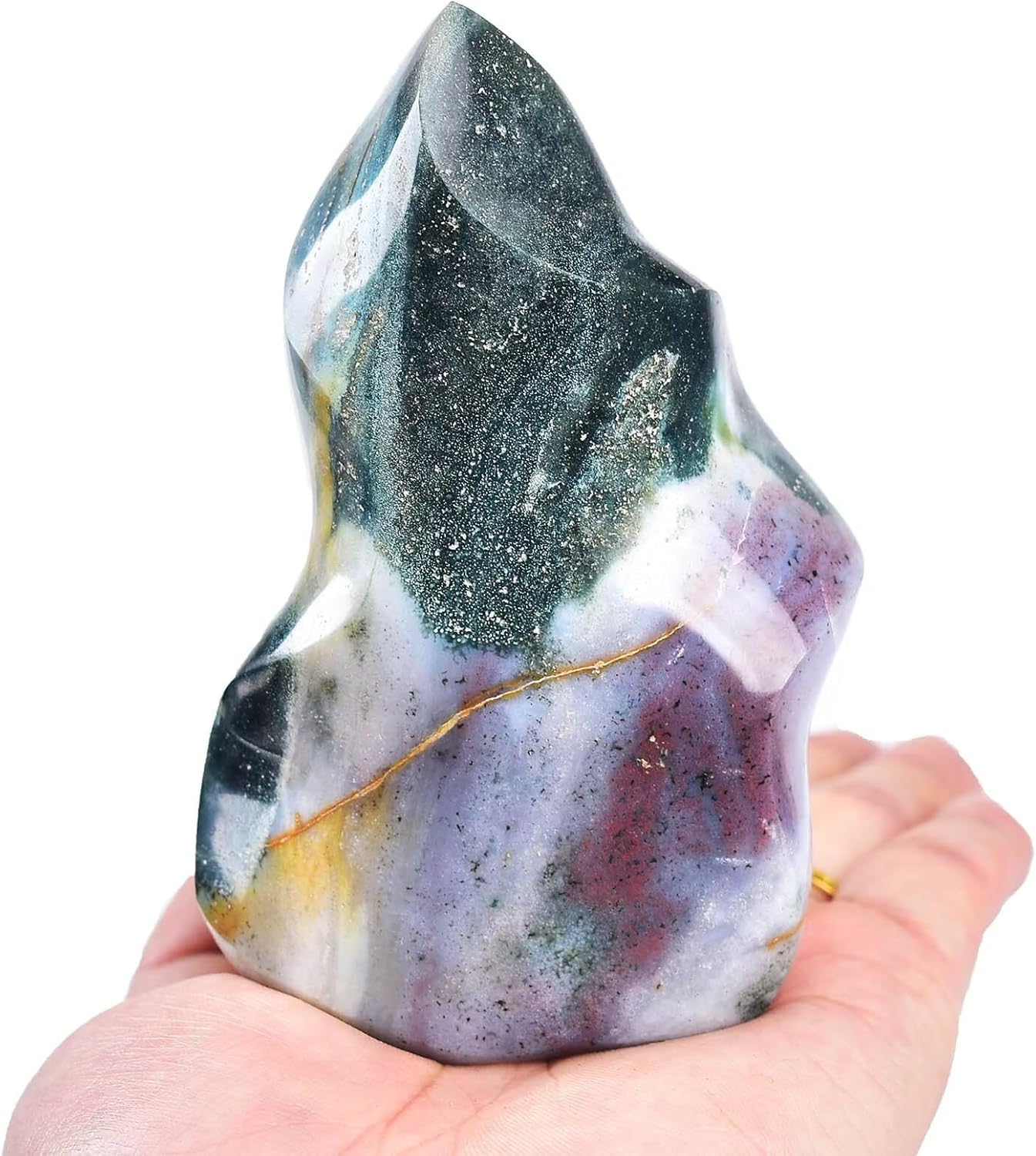 AMOYSTONE Ocean Jasper Flame Shaped Stone Towers Obelisk Natural Healing Crystal Quartz Reiki Energy Decoration Home Office Decor 1.5-2.2LBS