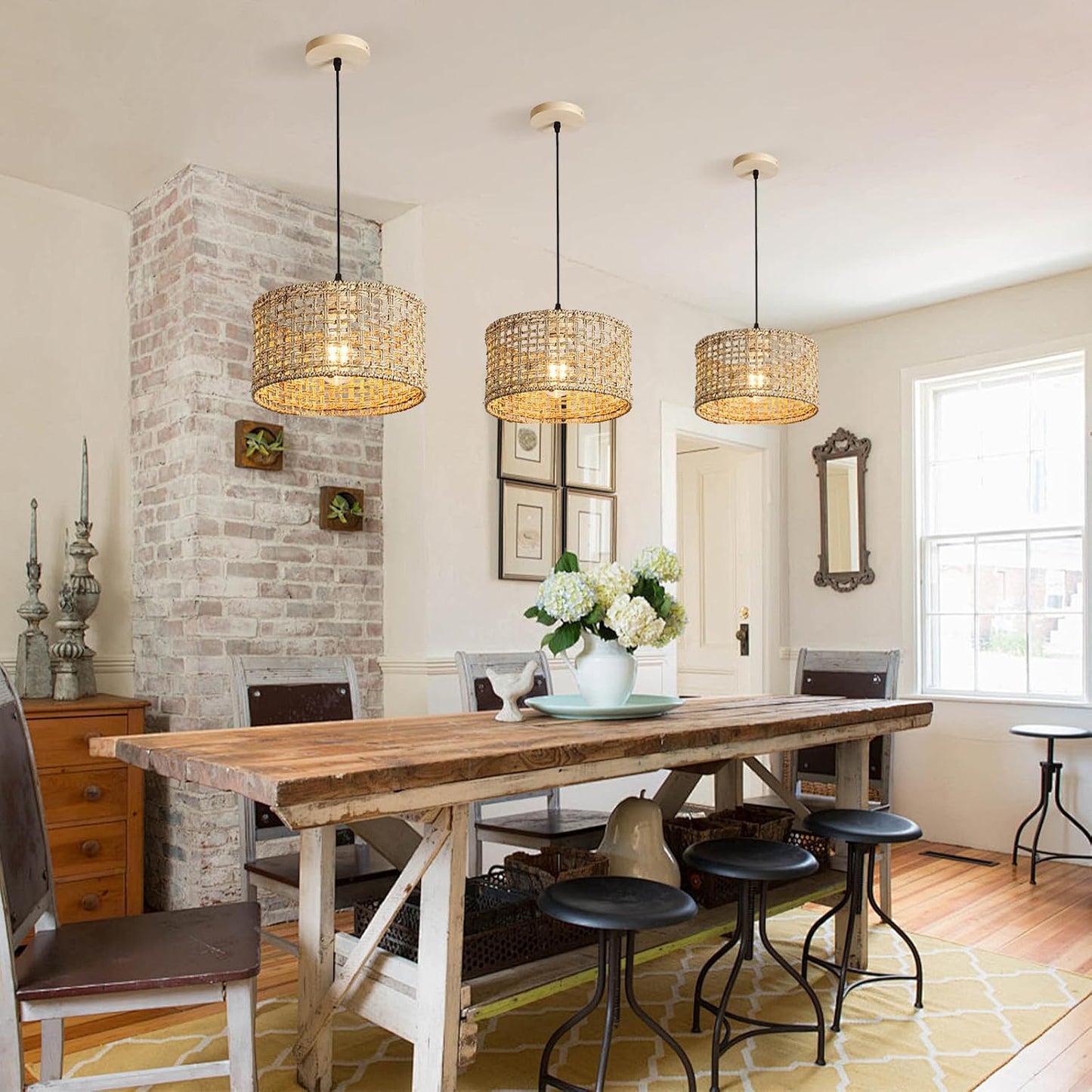 Hand-Woven Rattan Pendant Light, 11.8" Bohemian 1-Light Natural Wicker Hanging Lighting Fixture Ceiling Farmhouse Basket Hanging Lamp Chandelier for Kitchen Island, Living Dining Room