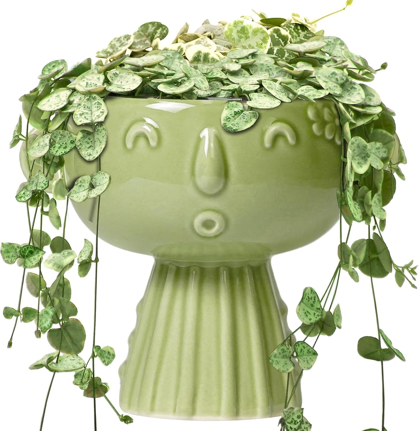 Face Planter Pot - 7 Inch Ceramic Head Planter for Indoor Plants Outdoor, Cute Succulent Flower Pots with Drainage Hole, Room Home Garden Decor, Gardening Gifts, Green