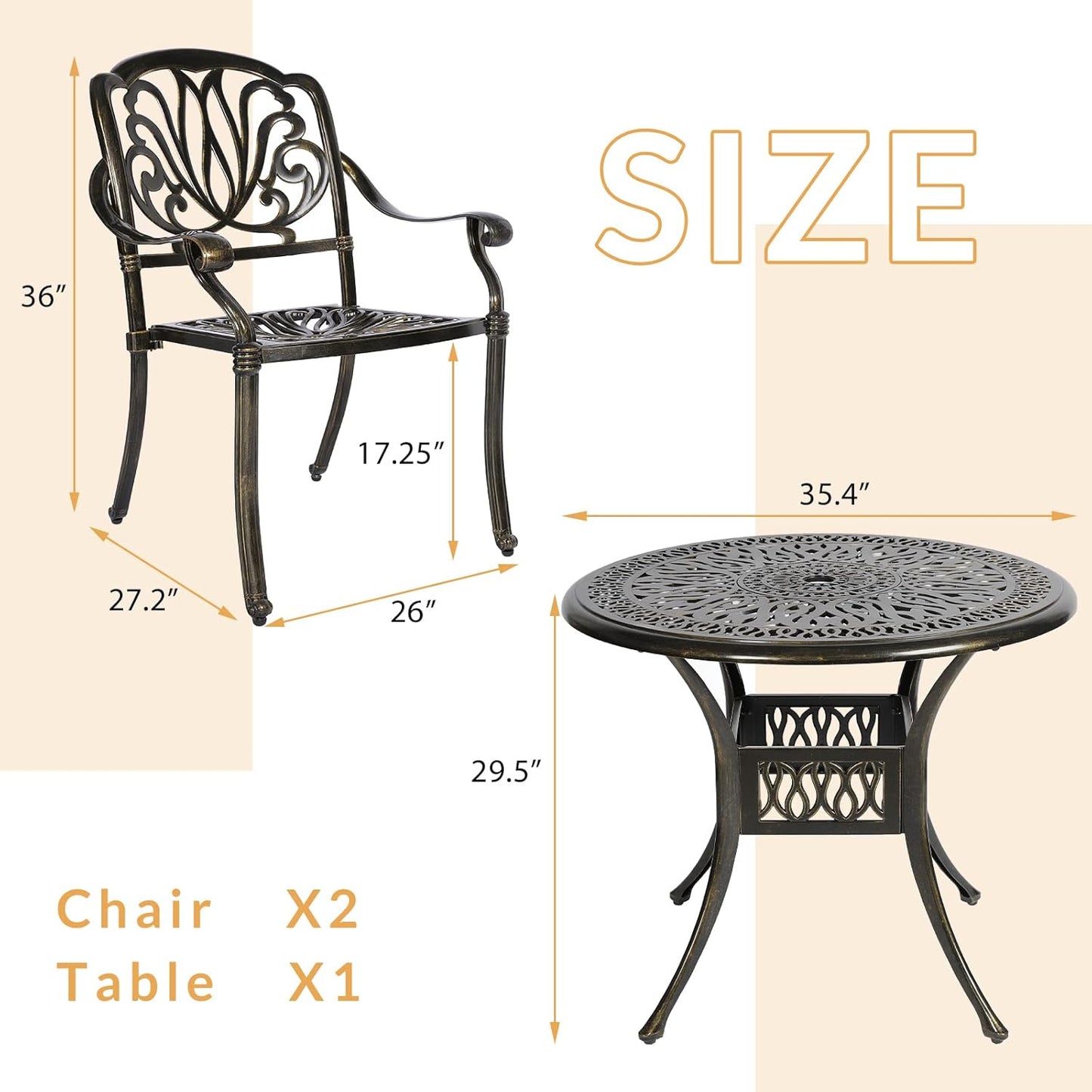 3-Piece Outdoor Patio Dining Set, All-Weather Cast Aluminum Patio Furniture Set for Backyard Garden Deck with 2 Chairs and 35.4” Round Table, 2" Umbrella Hole
