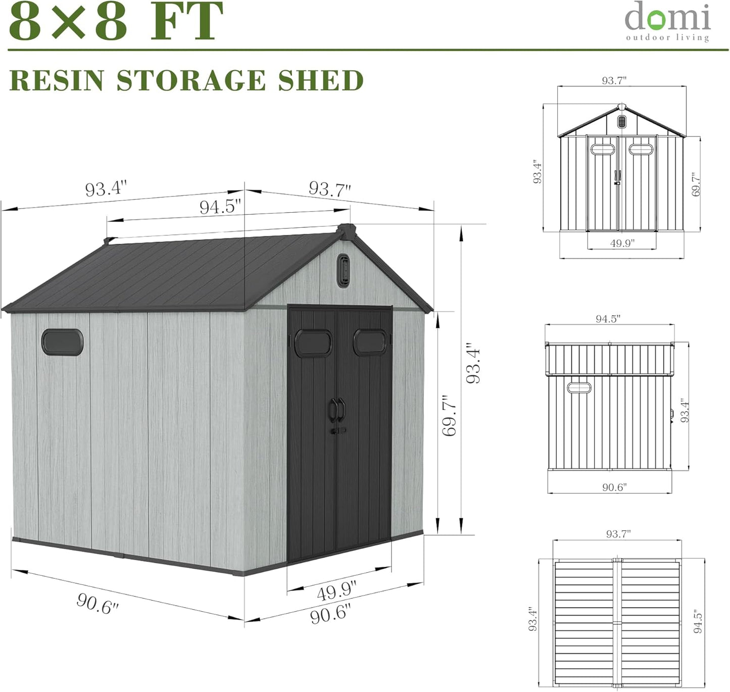 Domi 8x8FT Outdoor Resin Storage Shed with Transparent Windows & Louvered Vents, Plastic Tool Shed with Double Lockable Doors & Gable Roof, Outside Garden Shed for Backyard, Patio, Lawn, Grey