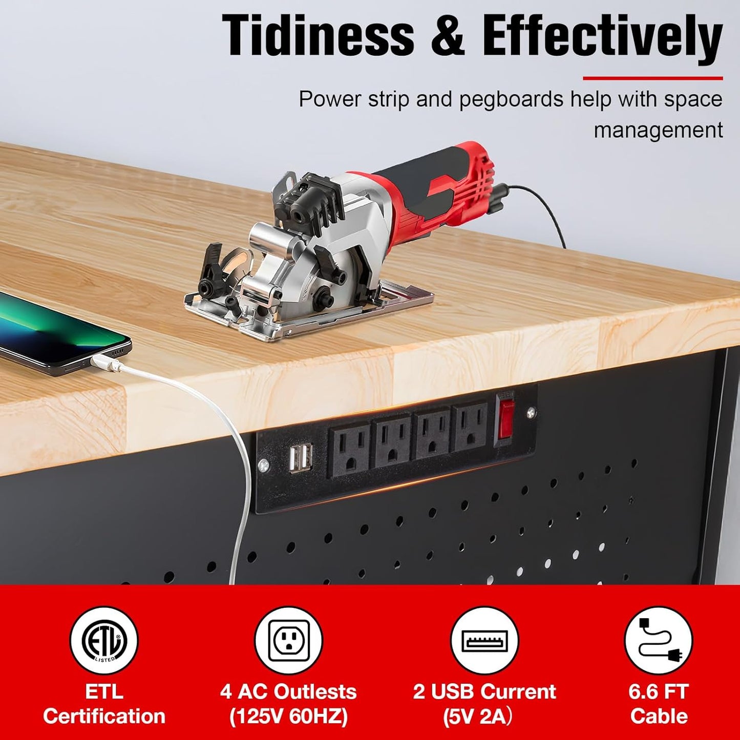 48" Workbench with Drawers, Work Benches for Garage with Strip Light, Adjustable Work Table with Large Pegboard, 2000 LBS Heavy Duty Table with Power Outlet Rubber Wood for Garage, Office