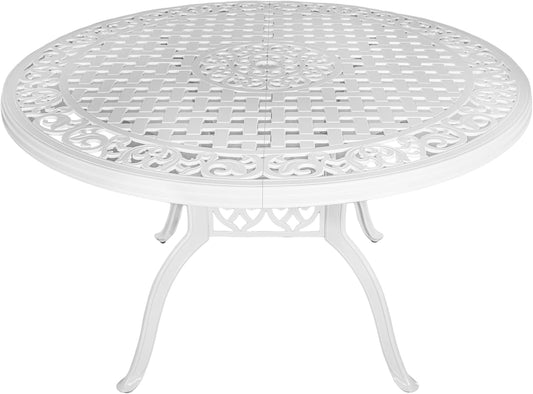 48 Inch Outdoor Dining Table Round Patio Bistro Table Powder-Coated Cast Aluminum Frame Patio Dining Table Garden Table with Umbrella Hole (White)