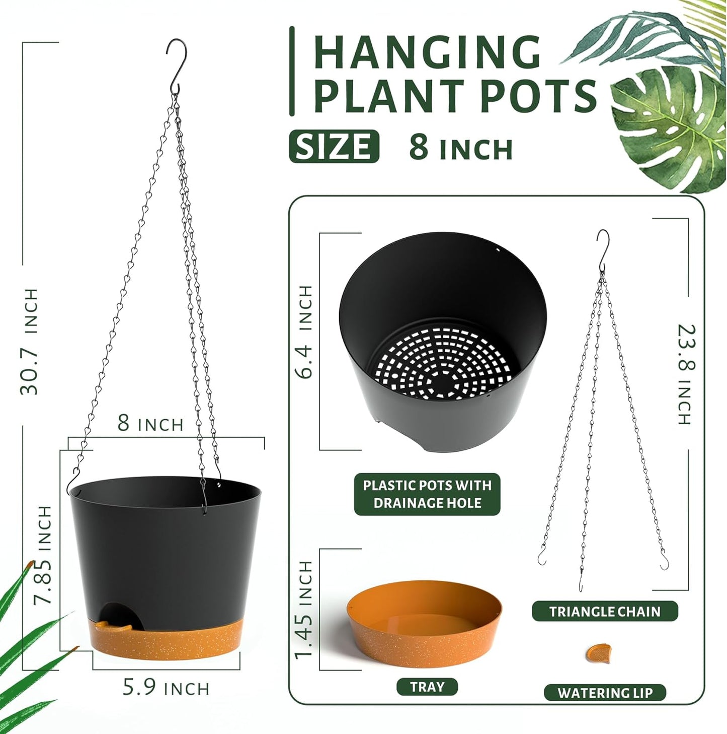 Hanging Planters for Indoor Outdoor Plants, 2 Pack Self Watering Hanging Pot with Drainage Holes and Plant Hangers, Hanging Baskets Flower Pots for Home Garden Decor (Black, 8 inch)
