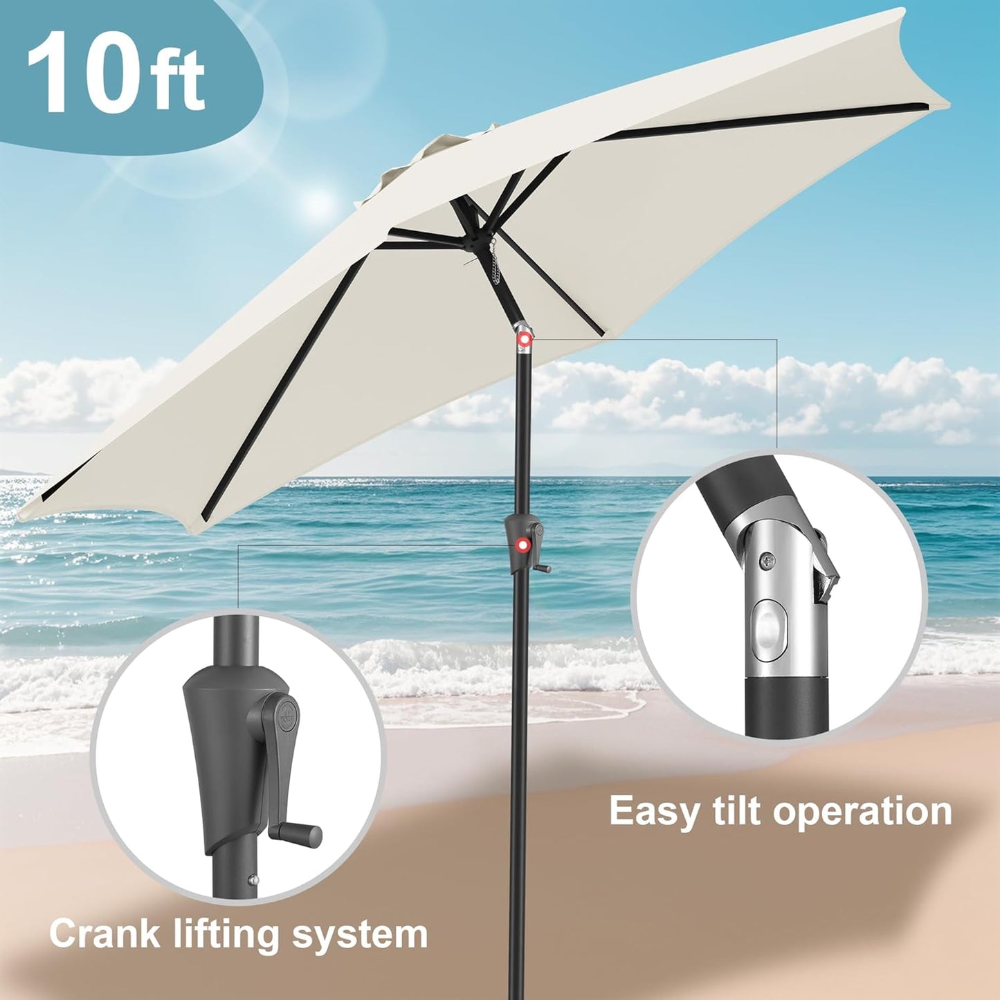 FLAME&SHADE 10ft Patio Umbrella - Outdoor Umbrella with 6 Sturdy Ribs, Push Button Tilt and Crank, UV Protection Table Market Umbrella for Pool, Porch，Garden, Deck, Backyard (Ivory)