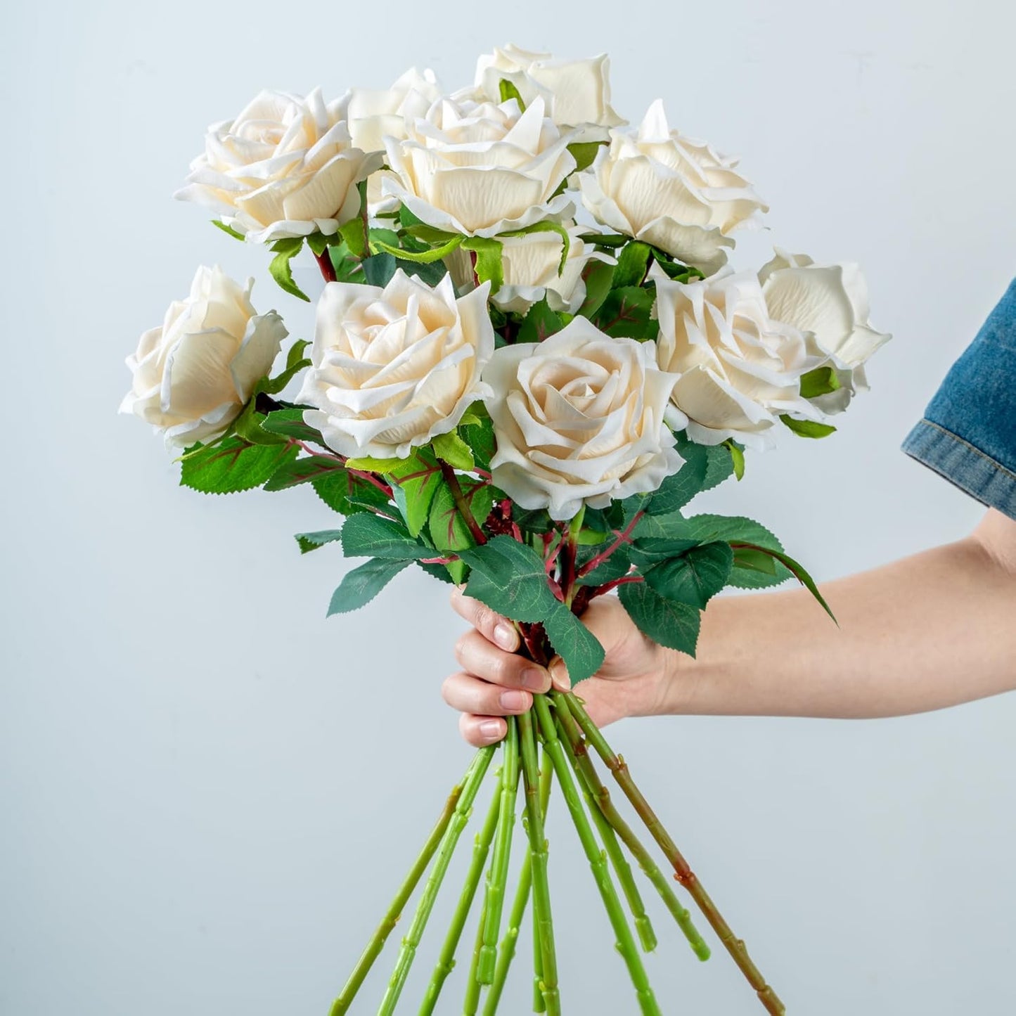 Fake Roses Faux Flowers 12PCS Silk Roses Artificial Roses with Stems Realistic Artificial Flowers Suitable for Indoor Home Decoration DIY Bouquet Wedding Decor Party Decor 16.5In (White)