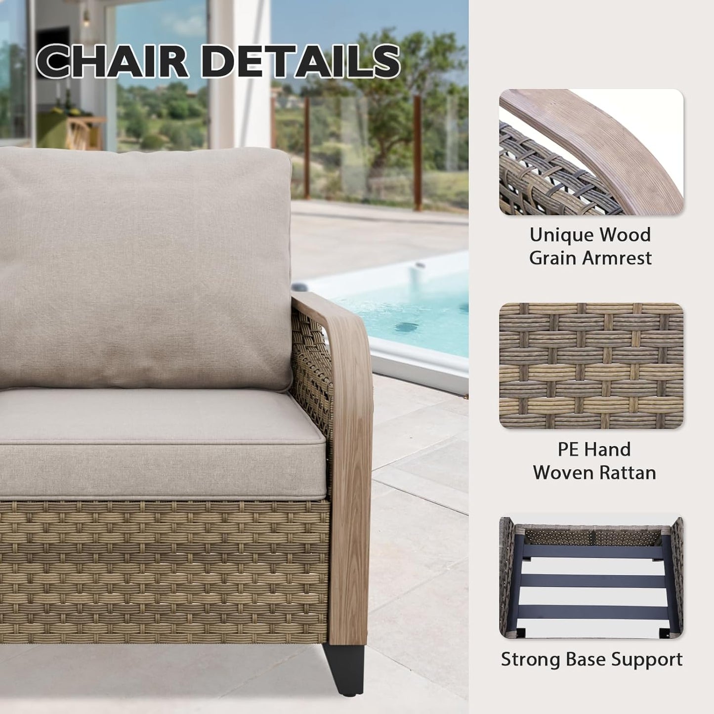 EAGLE PEAK Modern Wicker Outdoor Chair, Patio Chair Curved Armrest, Rattan Patio Furniture for Yard Deck Porch Garden, 2 Chairs, Brown/Gray