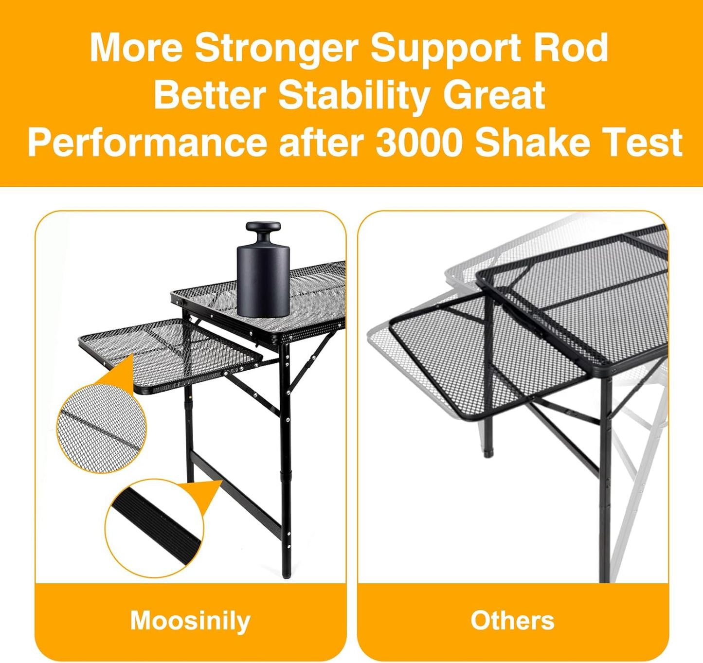 Grill Table Folding Table with 2 Wing Panels 4FT+1.77 FT with Mesh Desktop 3 Height Adjustable Portable Grill for Outdoor Indoor Beach BBQ Picnic Travel RV Black 69.3 x 23.62 inch