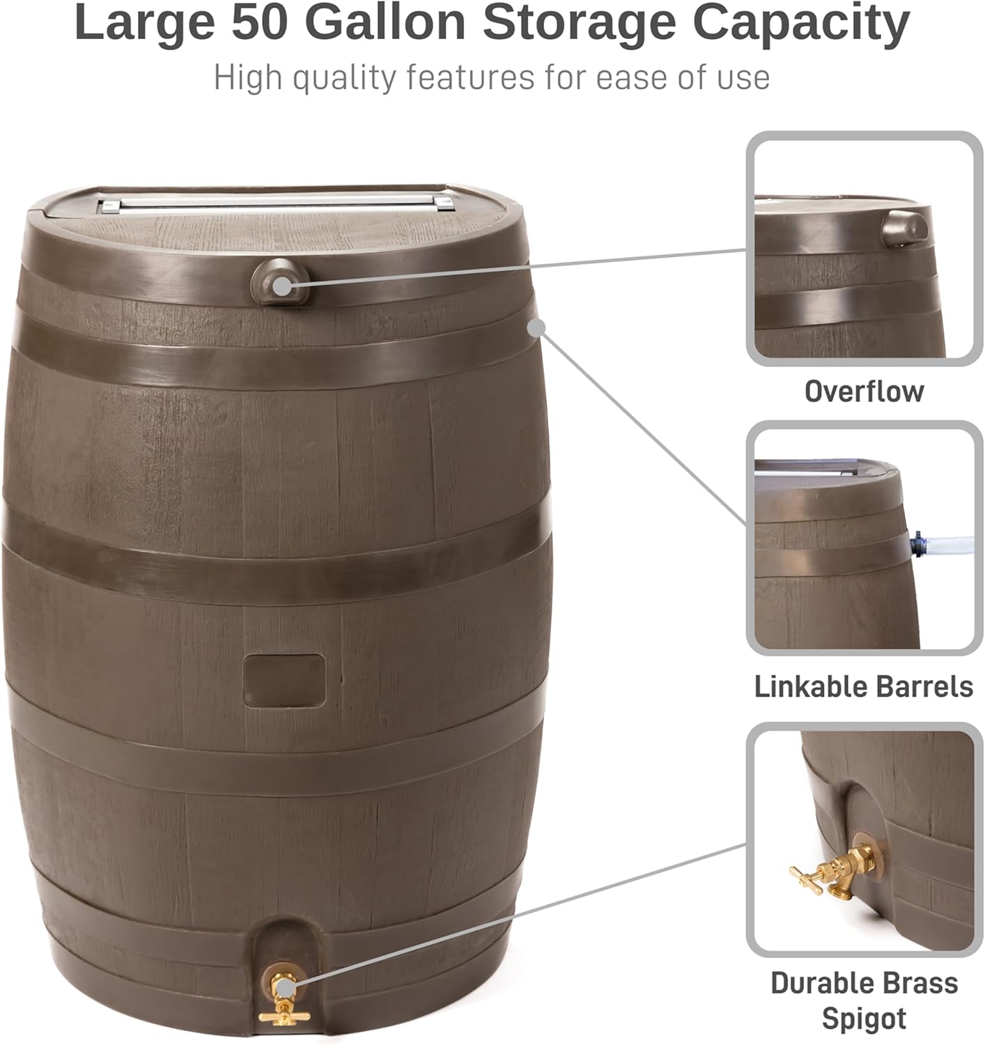 50-Gallon Rain Barrel with Link Kit, Flat Back Rain Water Collection Barrel, Link Kit Included, Walnut Color (2 Pack)