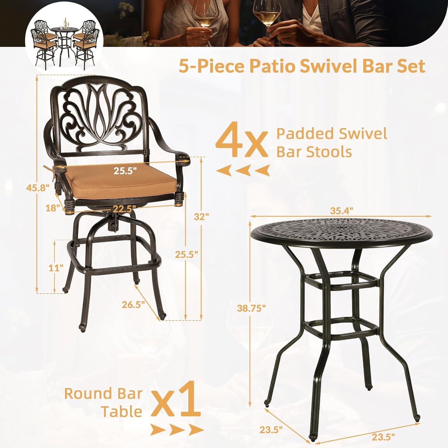 5 Pieces Patio Swivel Bar Set, Patio Bar Table and Chairs Set, All-Weather Cast Aluminum Outdoor Swivel Bar Stools of 4 and 35.4" Bar Height Table, High Top Bistro Set for Deck, Pool, Garden