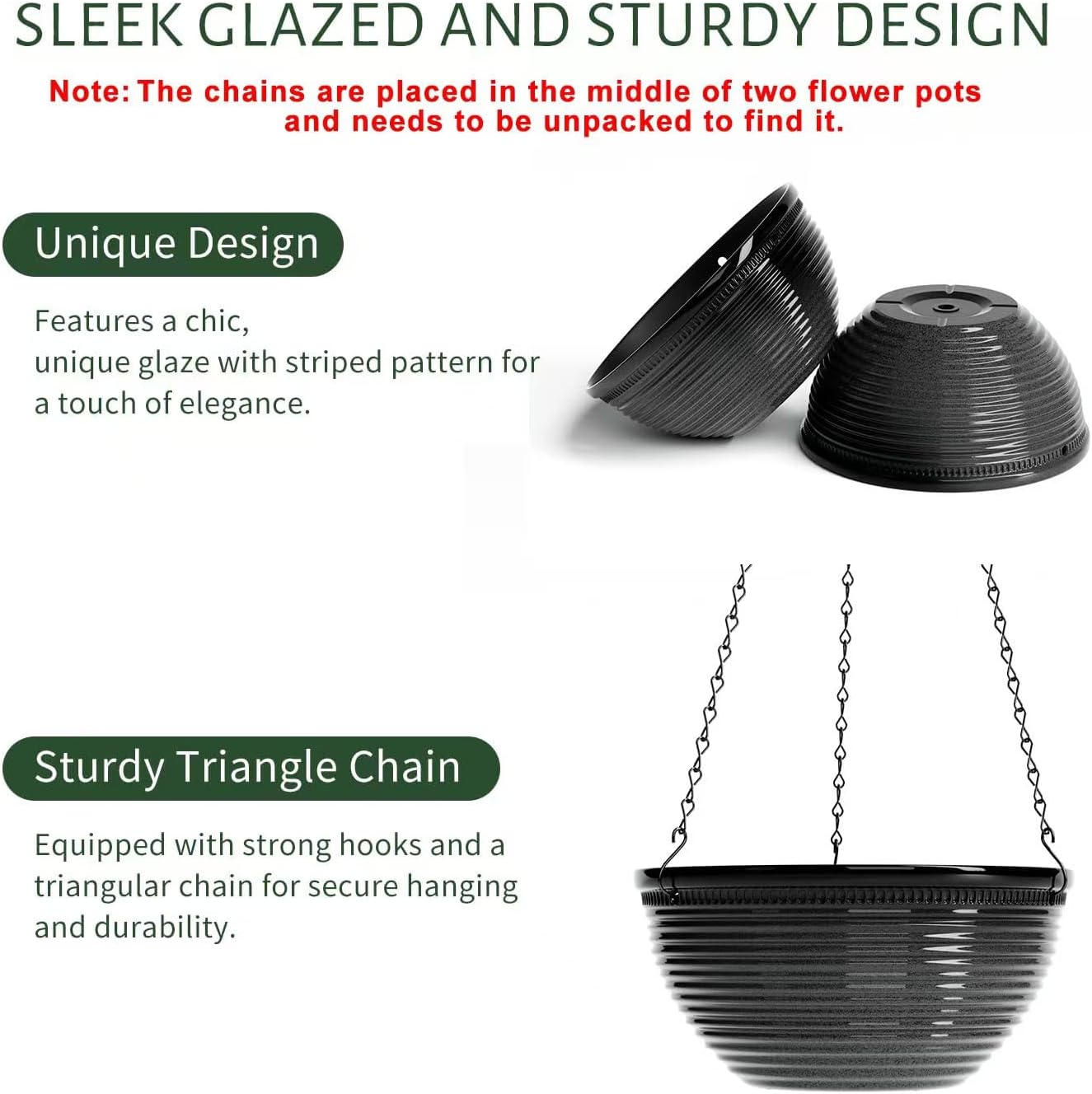 2 Pack Hanging Planters for Indoor Outdoor Plants, 10 Inch Hanging Planter with Drainage Hole & Plug Glazed Hanging Baskets Flower Pots for Garden Home (Black)